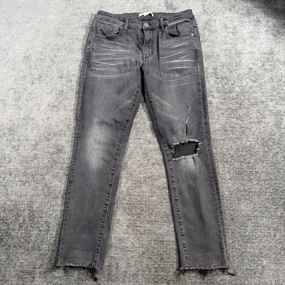 Fashion Nova Mens Size 32 Distressed Skinny Jeans Faded Black Frayed Hem Stretch